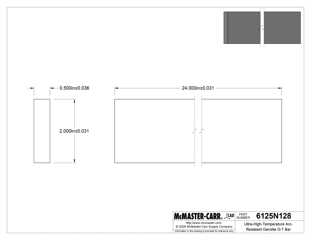 Technical Drawing of Ultra-High-Temperature Arc-Resistant Garolite G-7 Bar, 2" x 24" x 1/2".